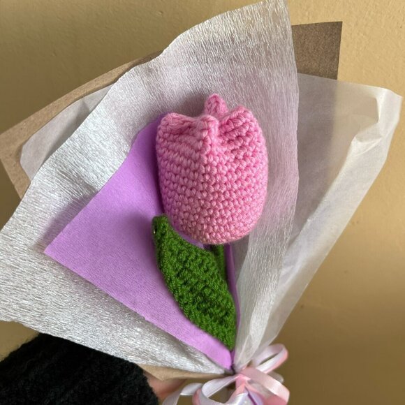 🌷Tulip Crochet Knitted Flower Bouquet Pink Eternal Flower pink Handmade New Oz - Picture 5 of 5